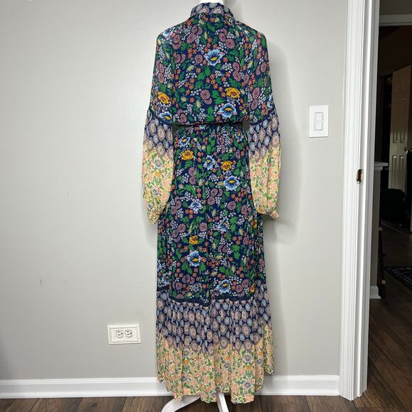 Anthropologie Maeve Ondine Floral Maxi Dress XS Sheer Sleeve Boho Peasant Navy - Picture 6 of 13